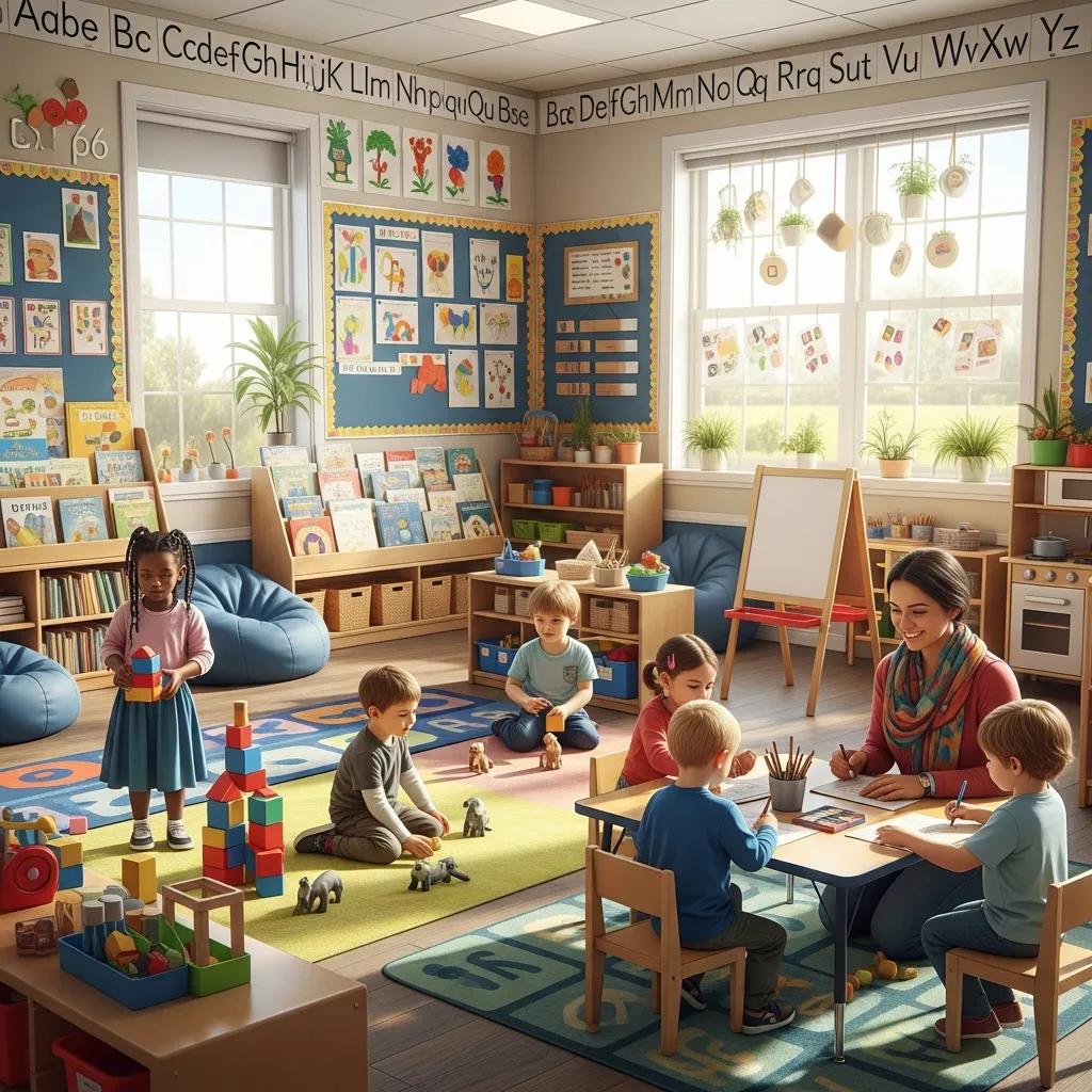 Bright and inviting preschool classroom with children playing and a teacher interacting