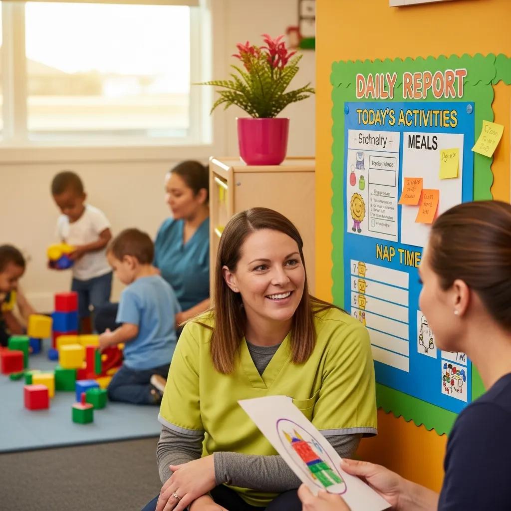 Caregiver communicating with a parent about a child's progress in daycare