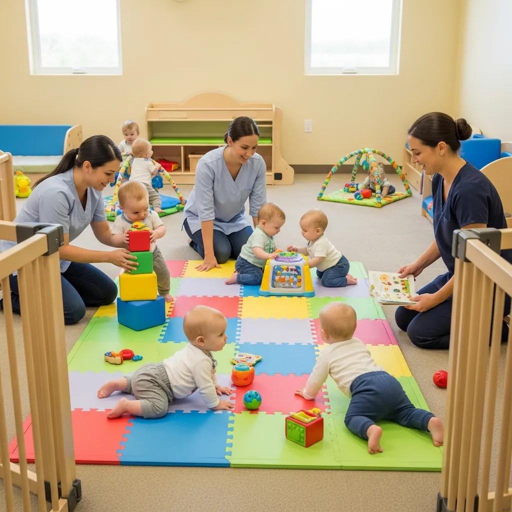 Caregivers ensuring safety and well-being in an infant daycare