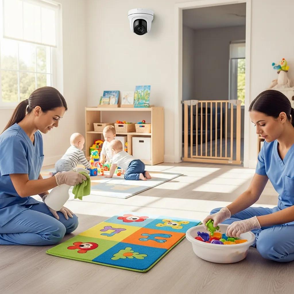 Caregivers implementing safety protocols in an infant daycare