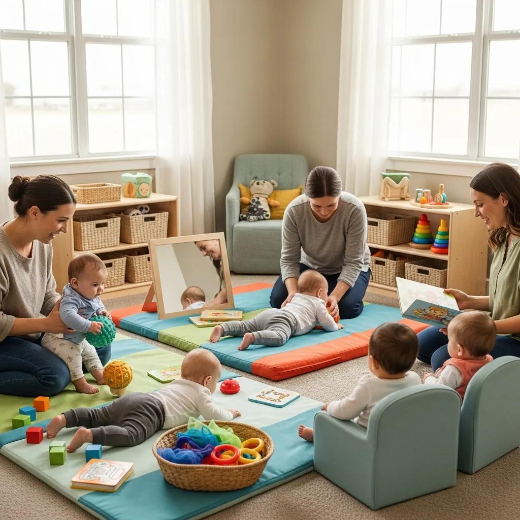 Caregivers interacting with infants in a nurturing daycare environment, emphasizing individualized attention and developmental play in a bright, engaging setting.