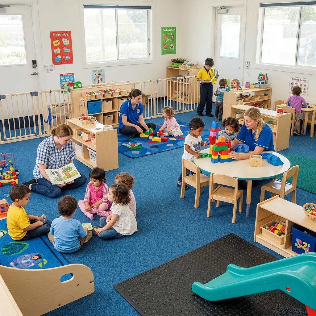 Caregivers supervising children in a safe childcare environment