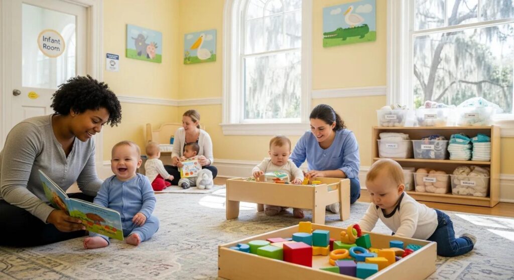 Infant daycare setting in Mount Pleasant, SC, featuring caregivers reading to infants and children playing with colorful blocks, emphasizing a nurturing and safe environment for early childhood development.
