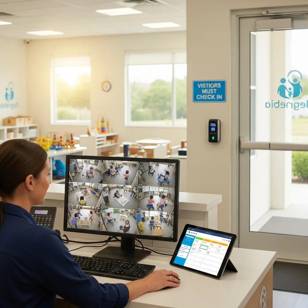 Child care staff monitoring safety protocols in a secure early learning center, emphasizing child well-being