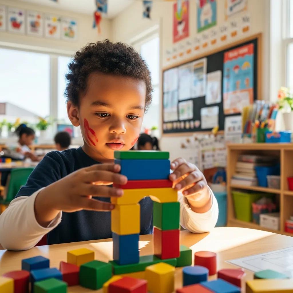 Child engaged in a hands-on learning activity, illustrating the impact of child development on preschool selection