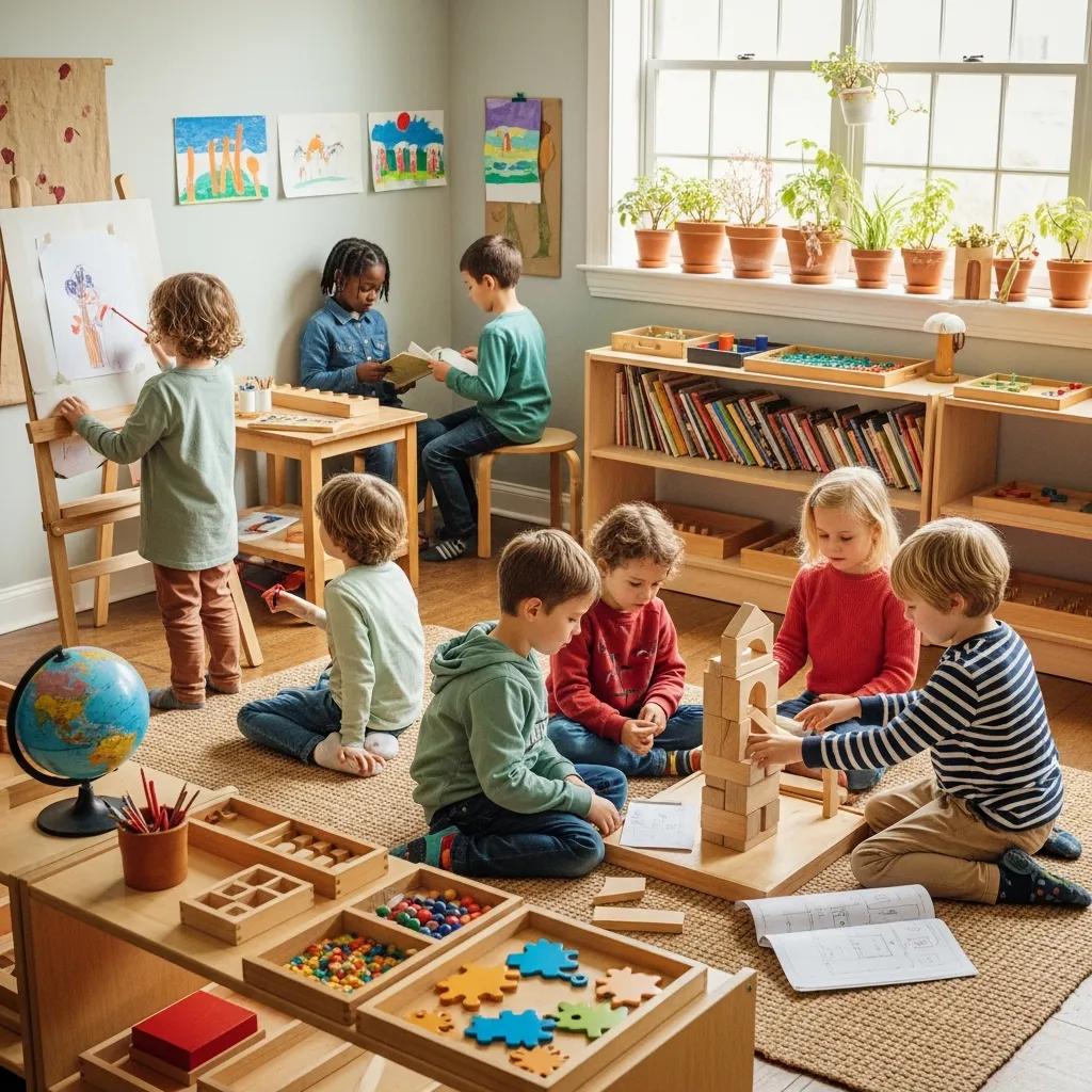 Children collaborating in a Montessori classroom, engaging in hands-on learning activities with educational materials, fostering creativity and social skills.