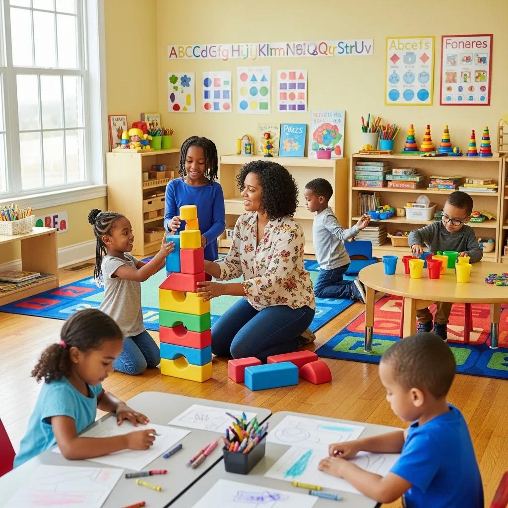 Children engaged in a joyful Pre K classroom environment with educational materials