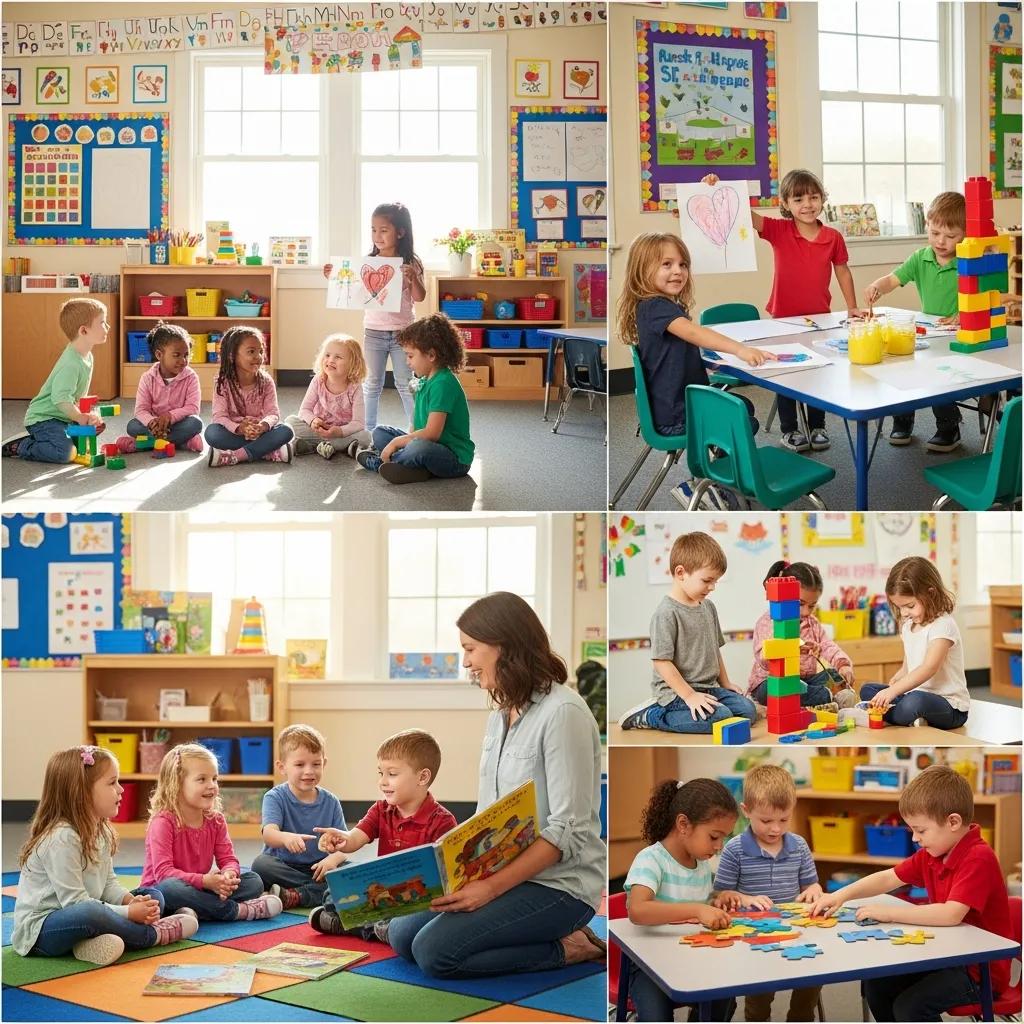 Children engaged in various activities in a lively Pre K classroom, including building with blocks, painting, and reading, showcasing early childhood education in a colorful and interactive environment.