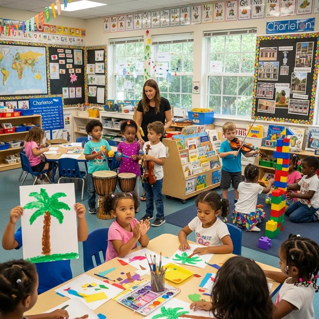 Children engaged in diverse learning activities in a preschool classroom, featuring art projects, musical instruments, and collaborative play, highlighting inclusivity at The Sweetgrass School in Charleston, SC.