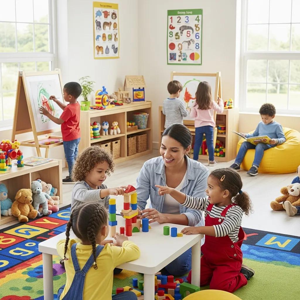 Children engaged in early childhood education activities in a vibrant preschool setting