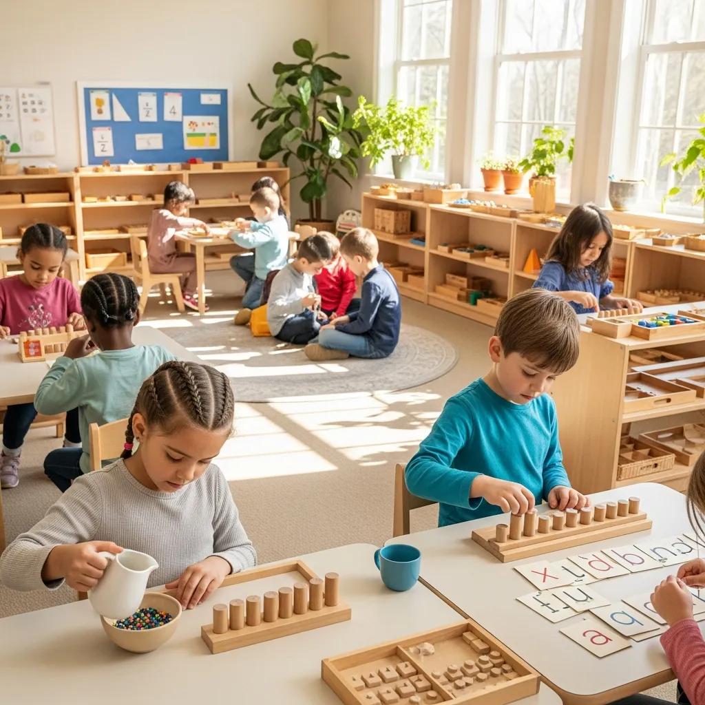 Children engaged in hands-on learning activities in a Montessori preschool classroom