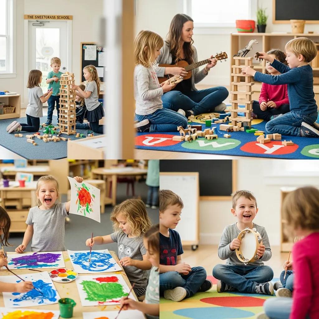 Children engaged in hands-on learning activities, including building with blocks, playing musical instruments, and painting, in a vibrant classroom at The Sweetgrass School, promoting cognitive and social development.