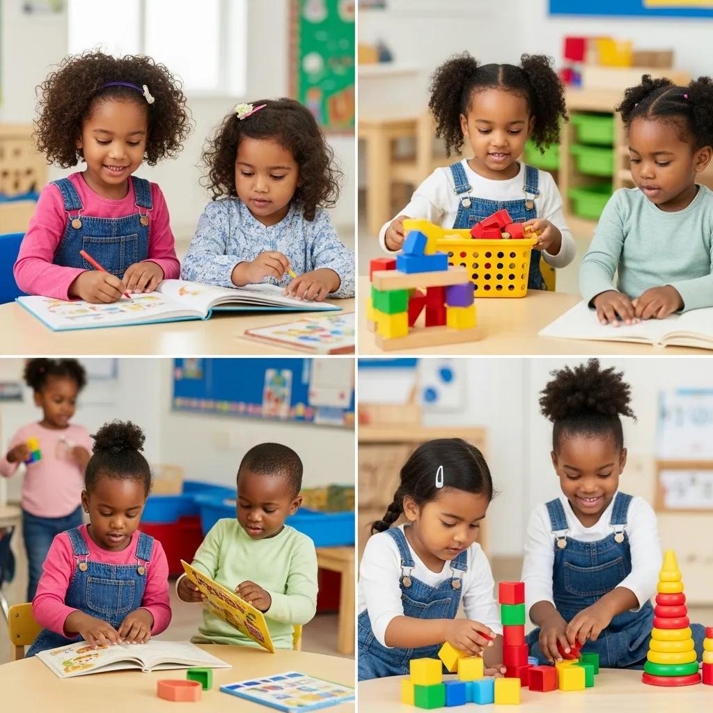 Children engaged in play-based learning activities in a colorful early learning classroom, exploring books and building with blocks, highlighting developmental engagement in a Pre K program.
