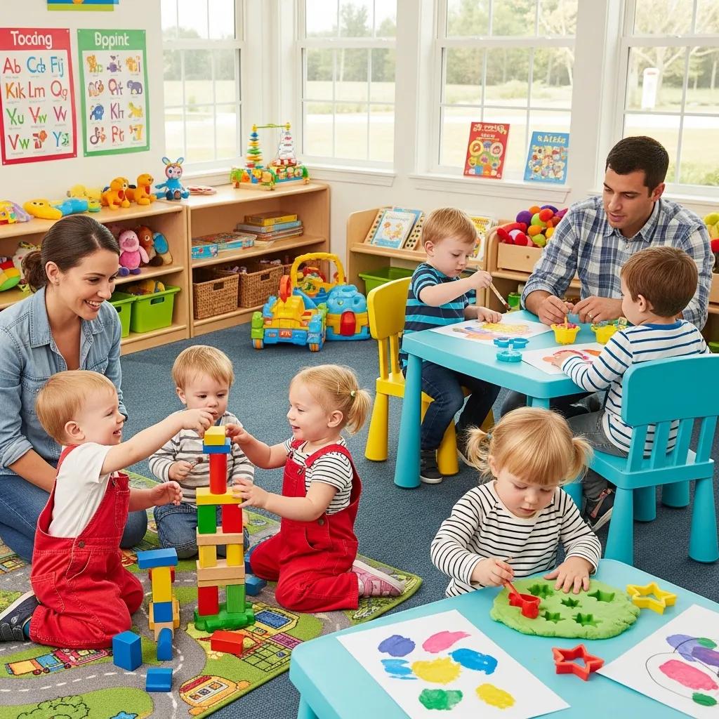 Children engaged in play-based learning activities in a daycare setting