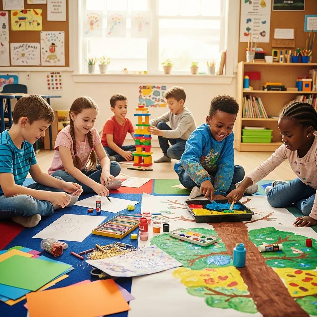 Children engaged in play-based learning activities promoting social-emotional growth and teamwork