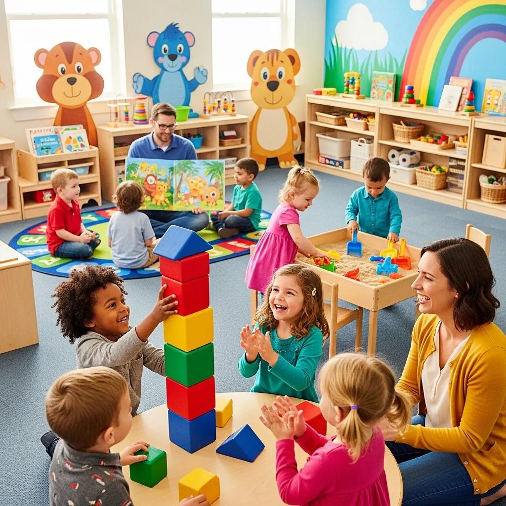 Children engaged in play-based learning at an early learning center, highlighting the importance of child care options