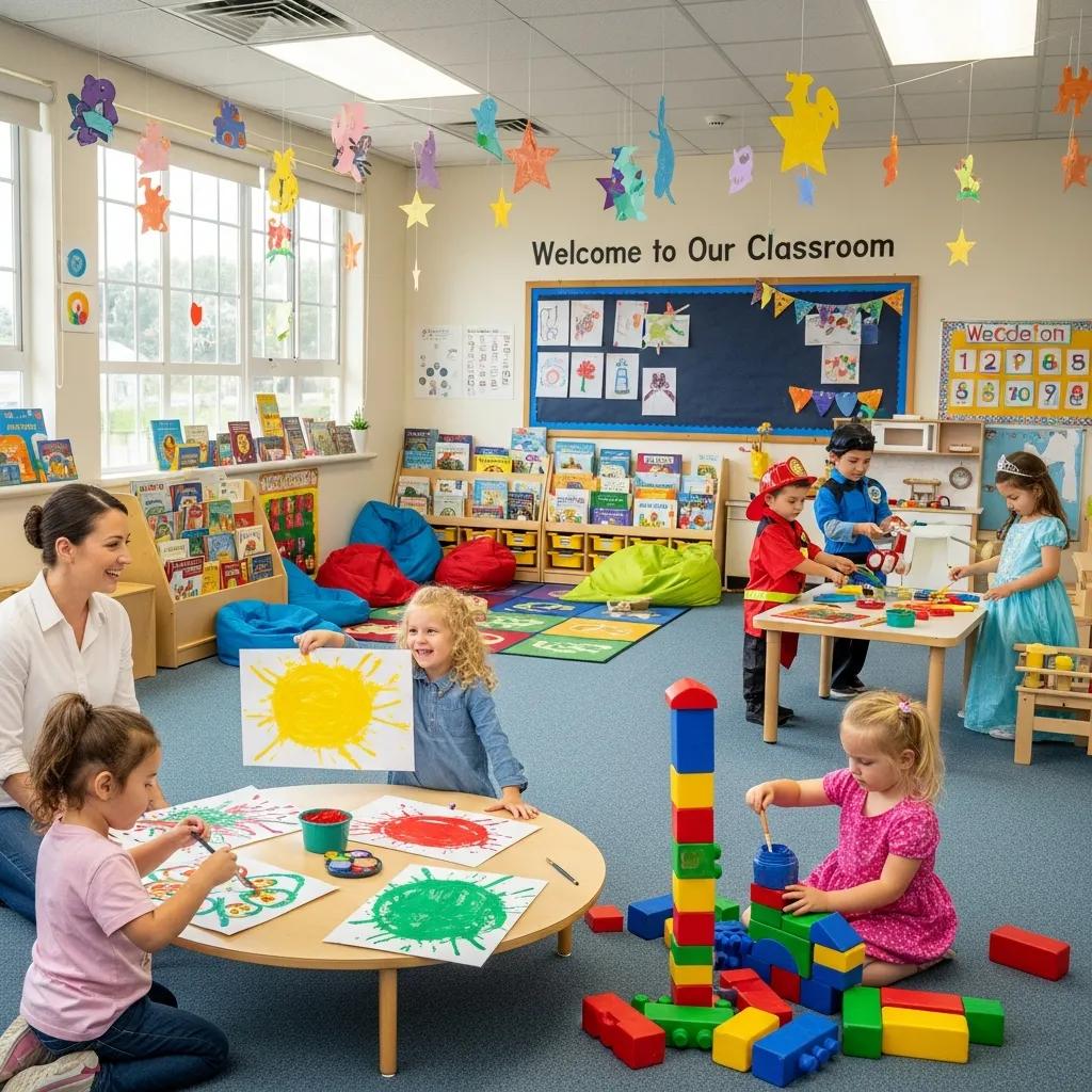 Children engaged in play-based learning in a colorful classroom