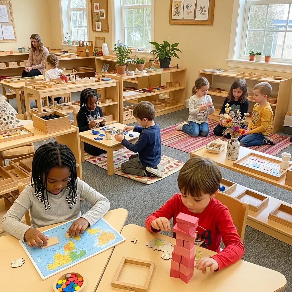 Children engaged in self-directed learning activities in a Montessori classroom