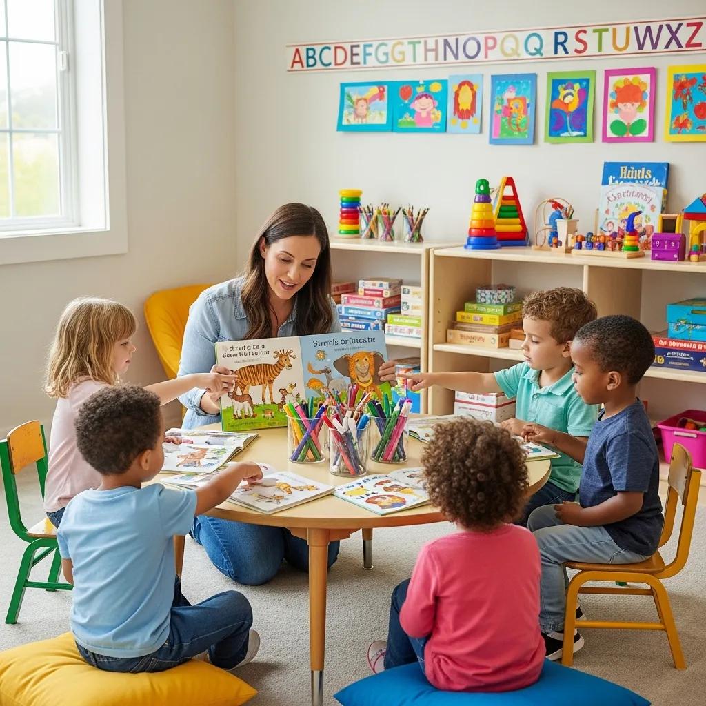 Children engaged in structured learning activities in a private preschool classroom