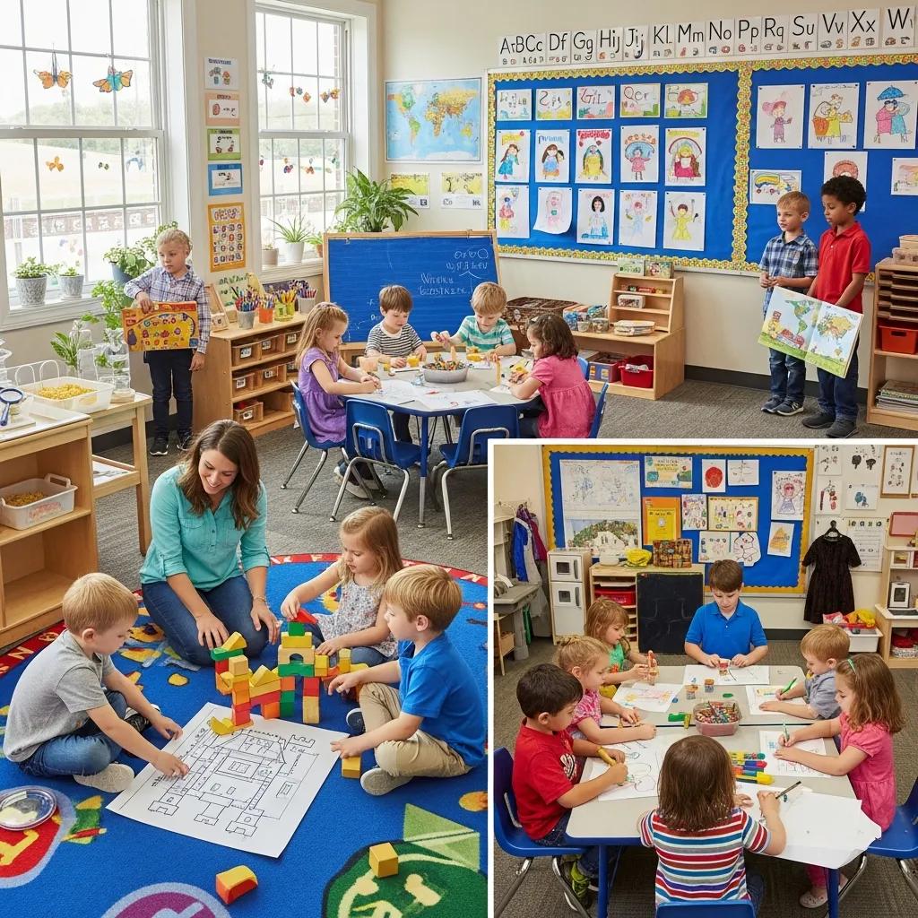 Children engaged in structured learning activities in a private preschool classroom