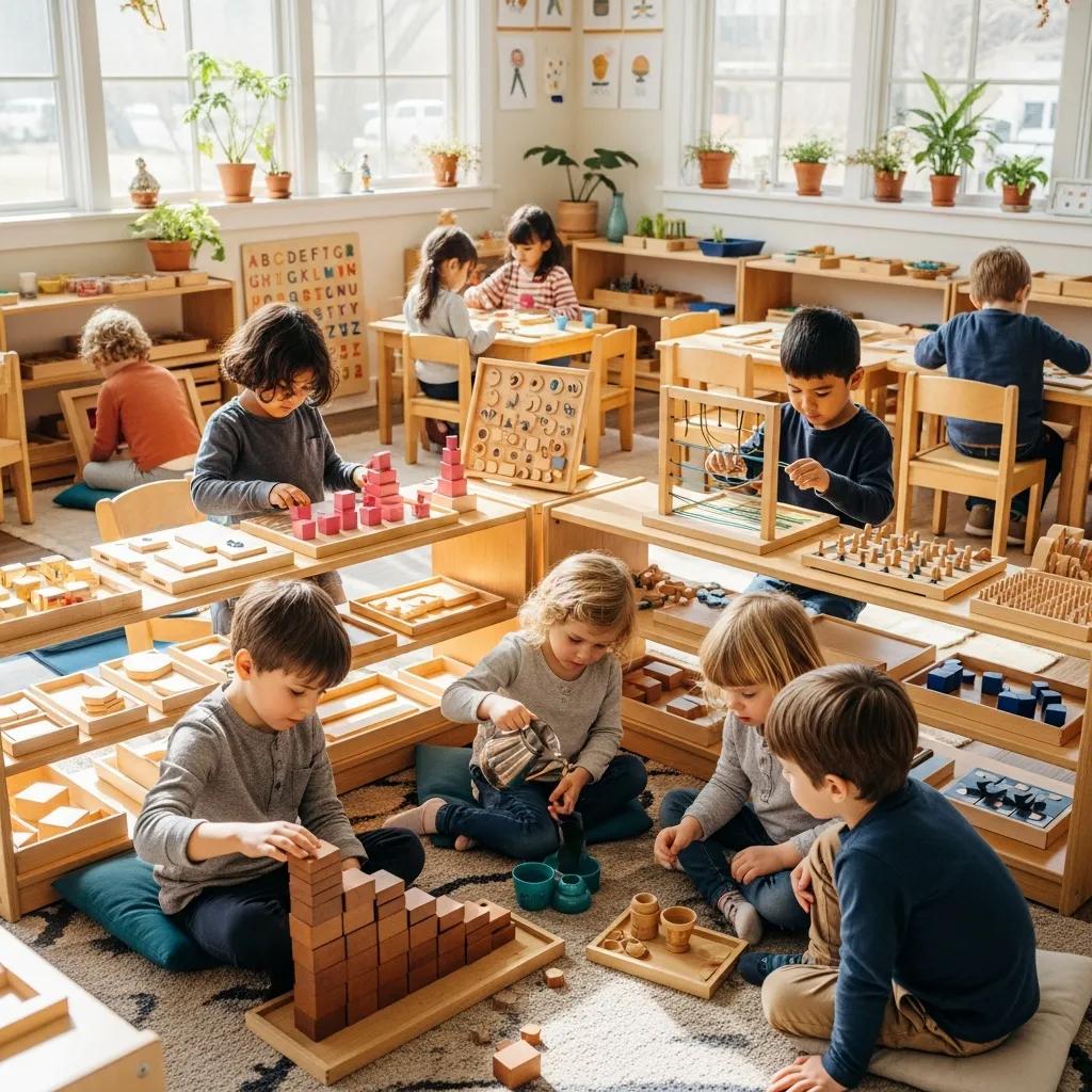 Children exploring hands-on learning activities in a Montessori classroom