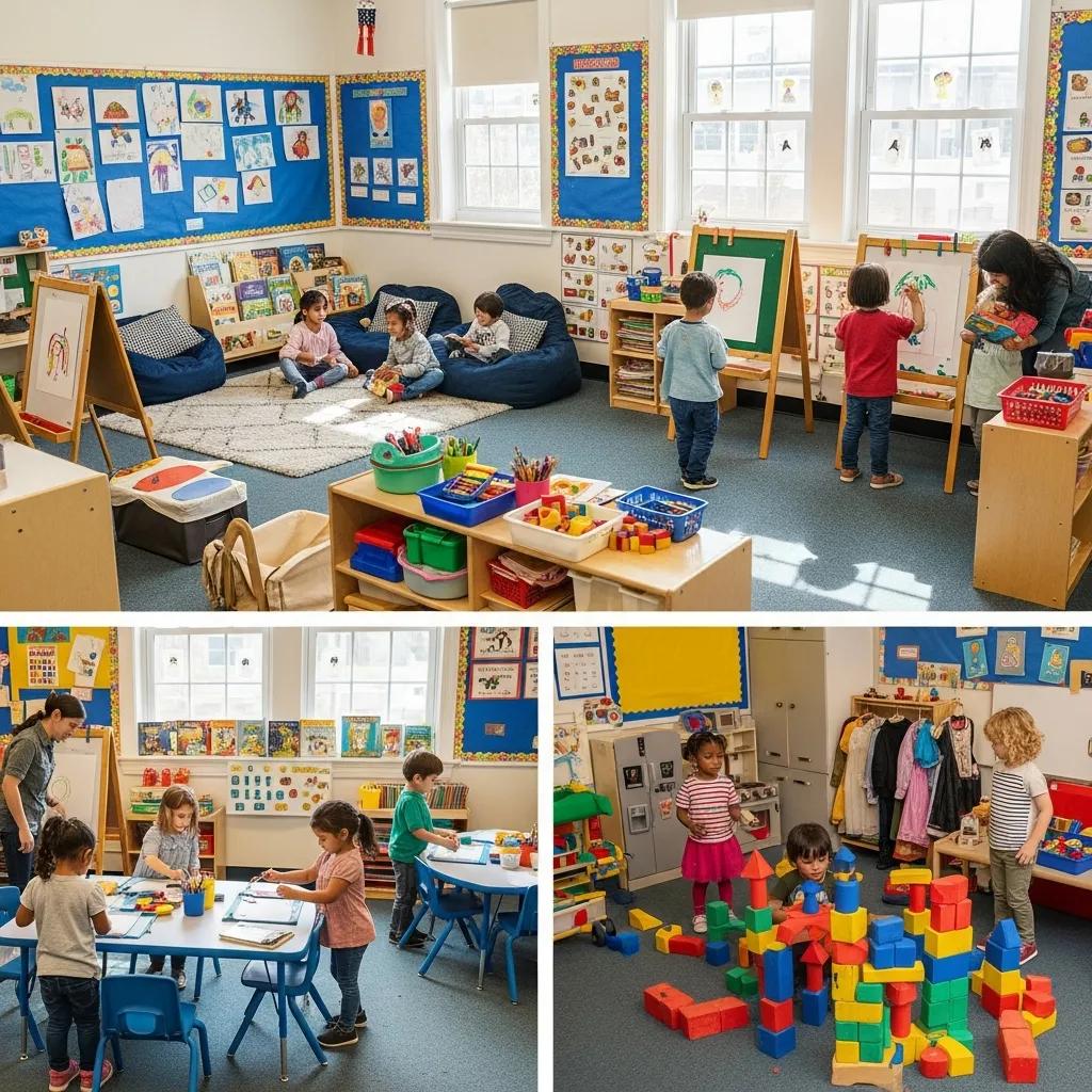 Children participating in hands-on activities in a vibrant preschool classroom, emphasizing play-based learning