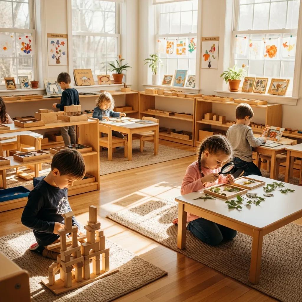 Children participating in Montessori activities, highlighting individualized learning and exploration