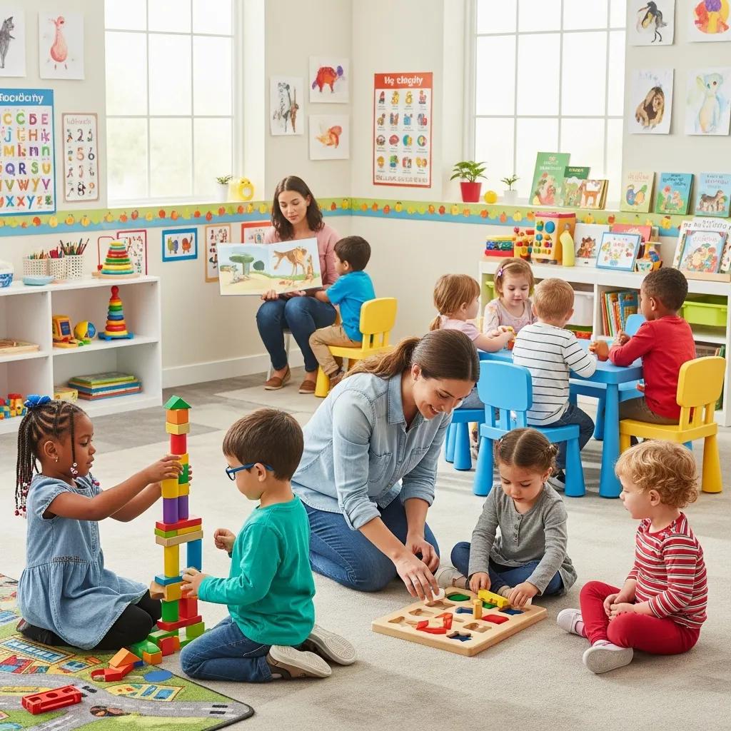 Children playing and learning in a vibrant childcare environment