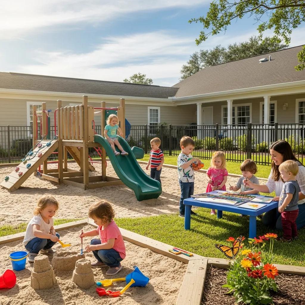 Children playing in a daycare center playground in Mount Pleasant, SC, featuring a slide, sand play area, and outdoor activities emphasizing early childhood education.