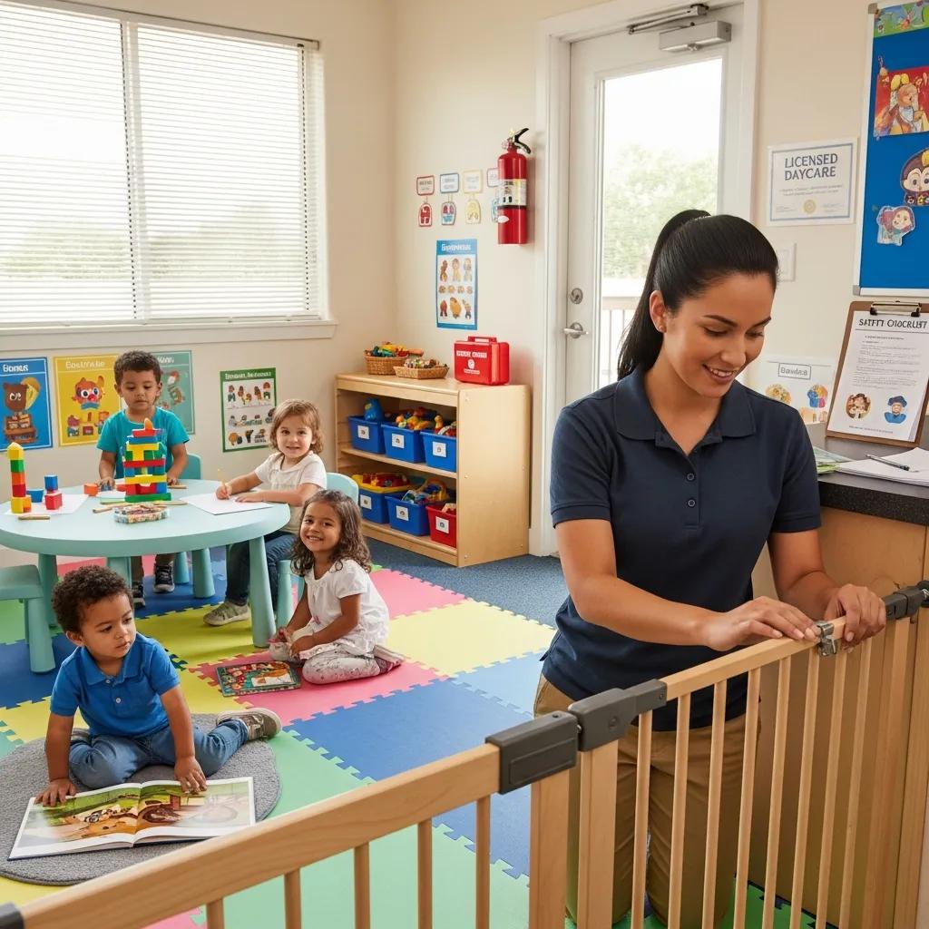 Daycare staff conducting safety checks in a licensed daycare environment