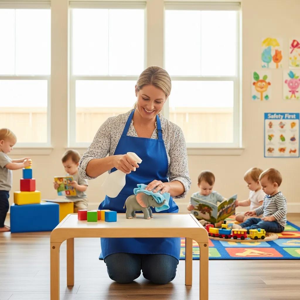 Daycare staff member cleaning a toy elephant with a cloth and spray bottle, ensuring hygiene and safety in a toddler care facility, with children playing and engaging in activities in the background.