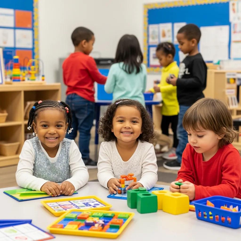 Diverse preschool children engaged in play-based learning at The Sweetgrass School, smiling and interacting with educational toys in a colorful classroom setting.