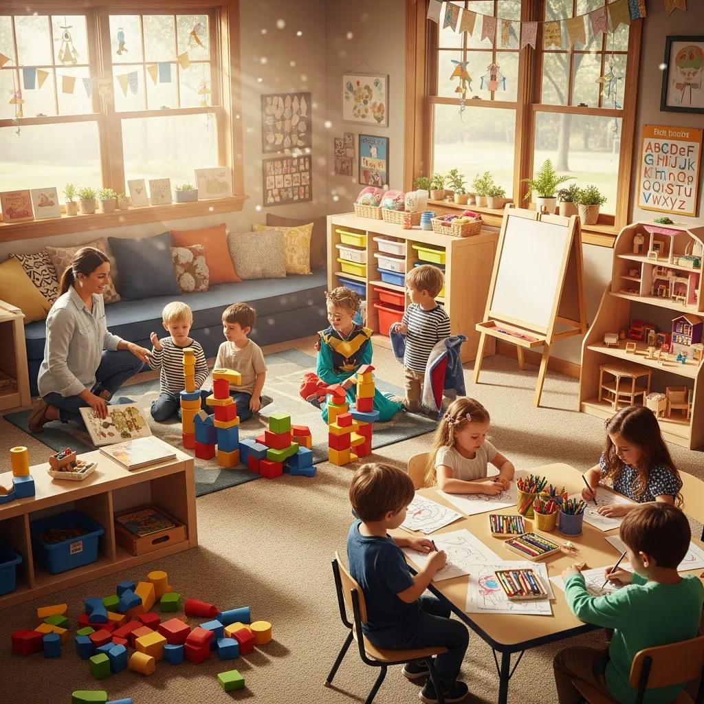 Engaging preschool classroom with children playing and learning in a vibrant environment