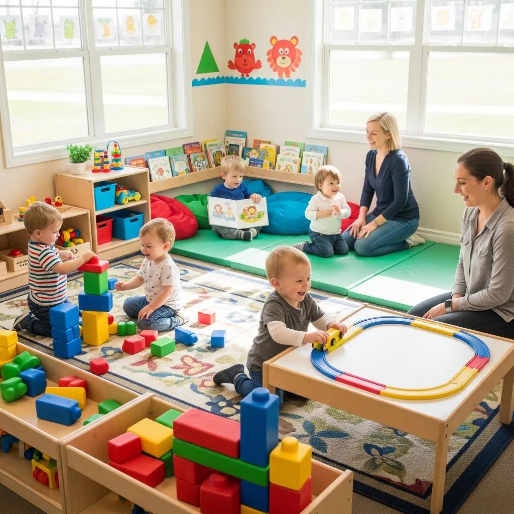 Engaging toddler daycare environment with children playing and learning
