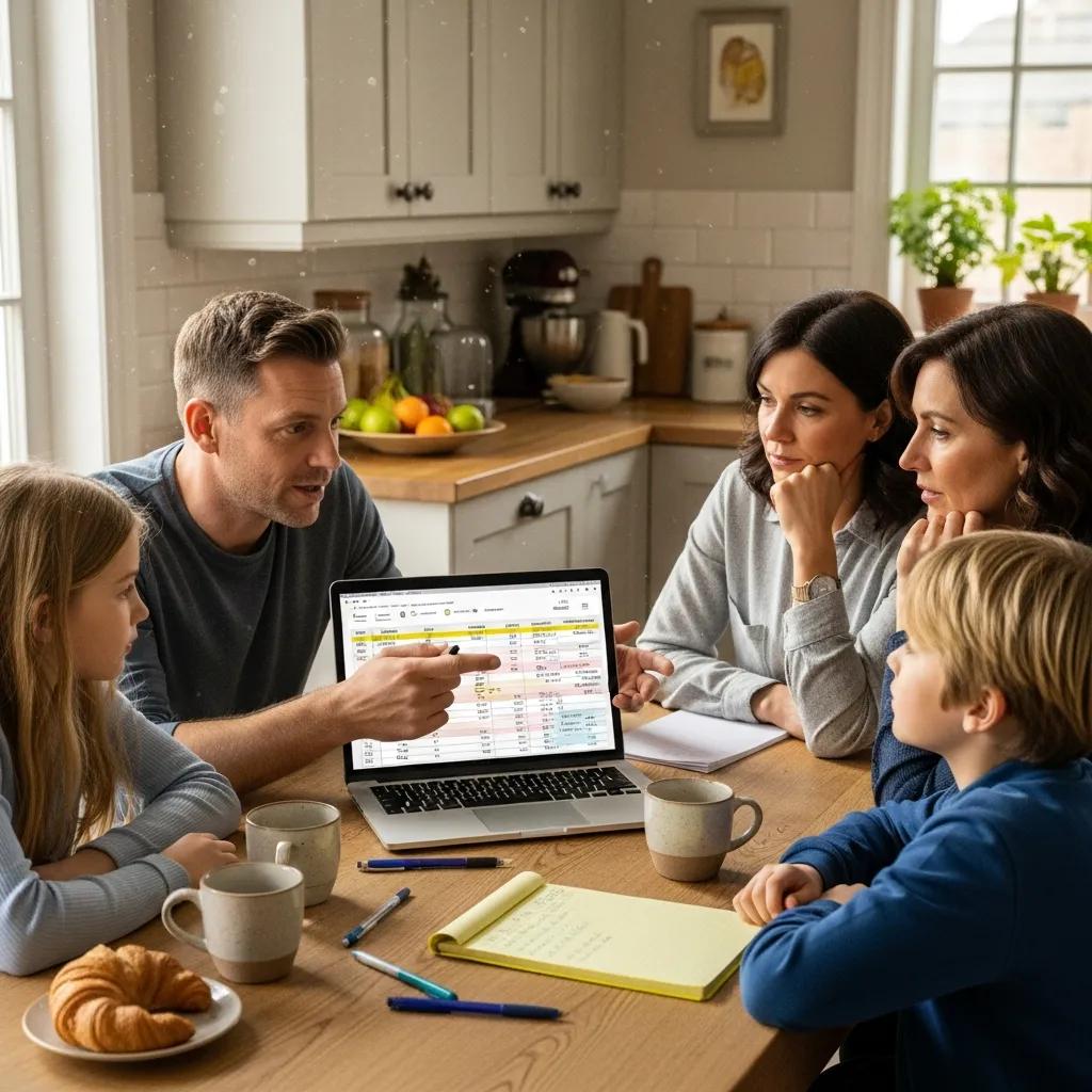 Family discussing childcare costs at home with a laptop