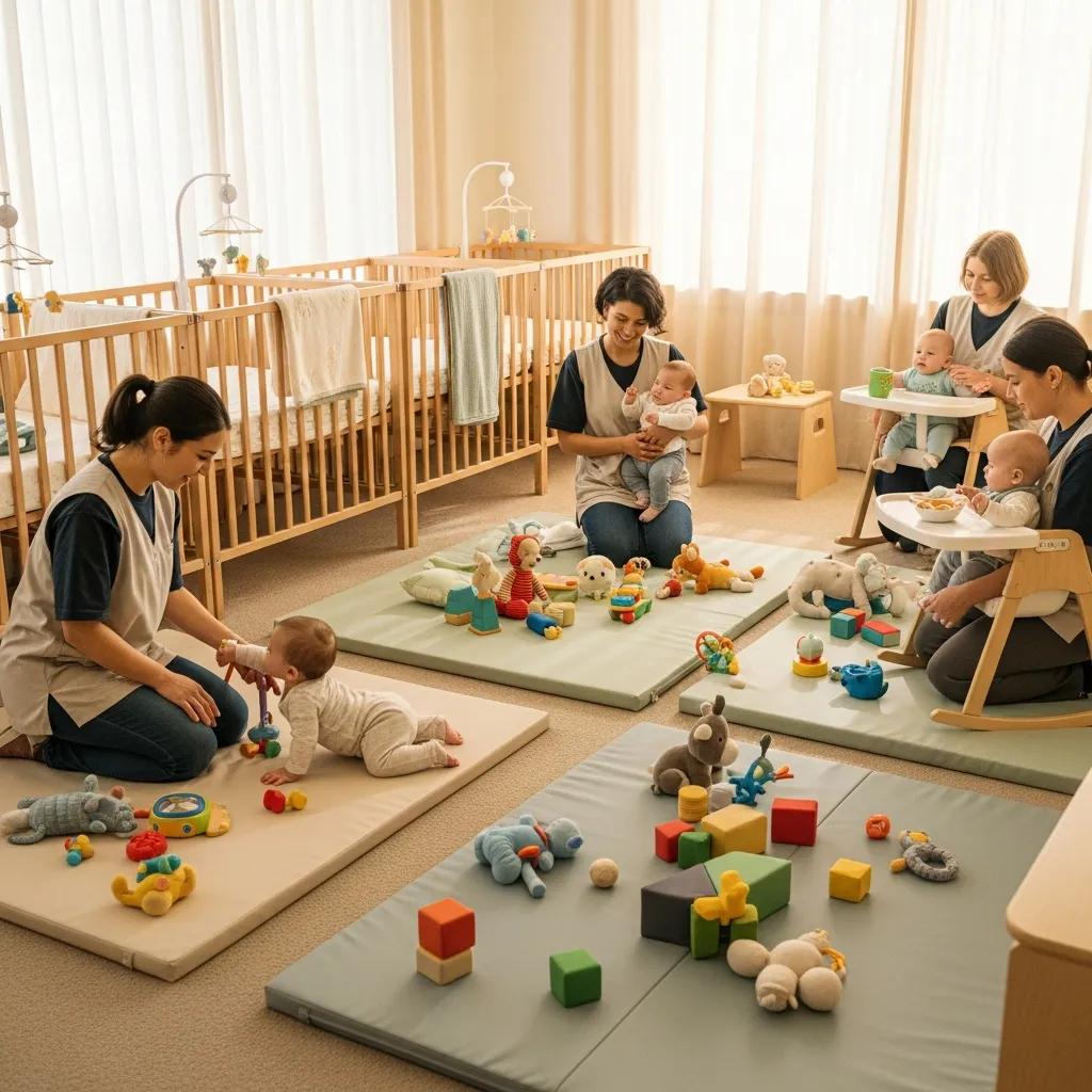 Infant daycare room with caregivers and infants in a safe and nurturing environment