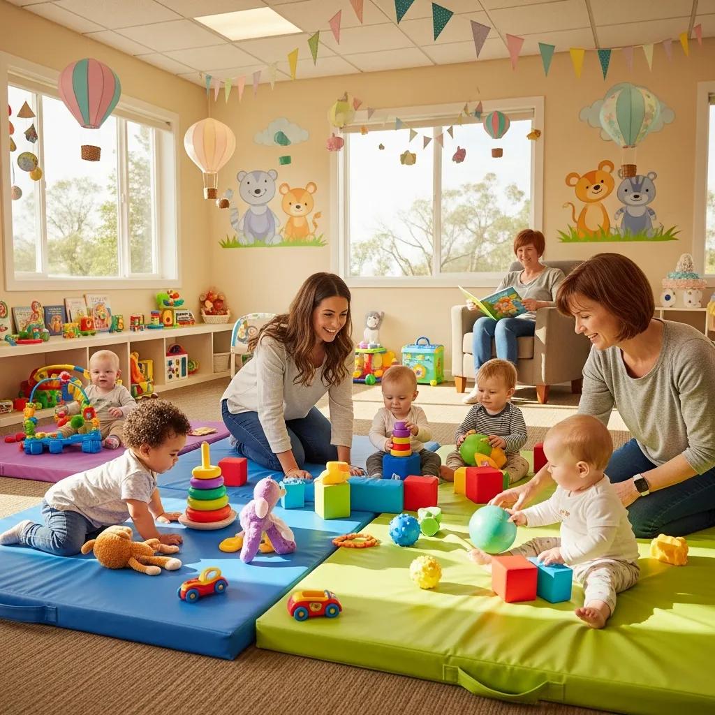 Infant daycare room with children playing on colorful mats, caregivers supervising, educational toys, and cheerful decor, emphasizing safety and nurturing environment in Mount Pleasant, SC.