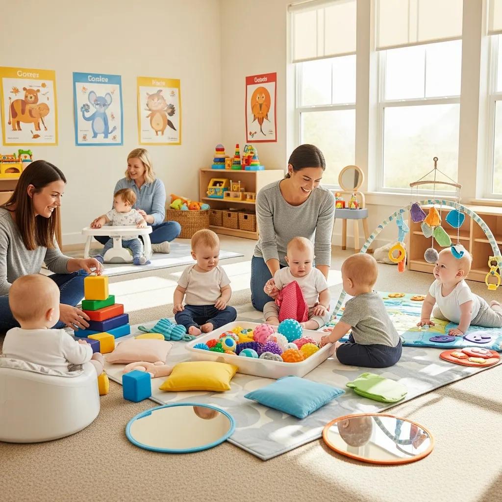 Infants engaged in interactive learning activities with caregivers in a colorful classroom, featuring toys, soft mats, and educational wall posters.