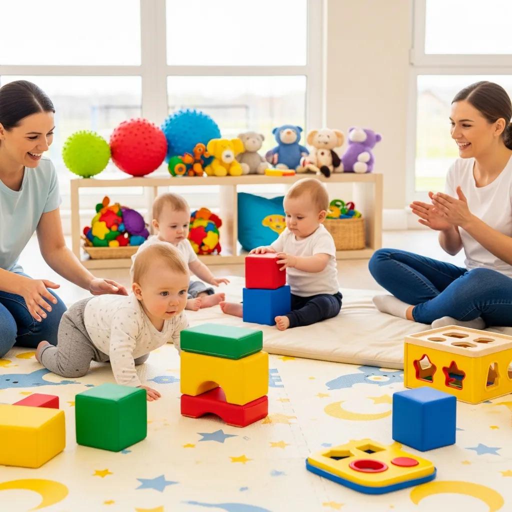 Infants engaging in developmental activities in a daycare setting