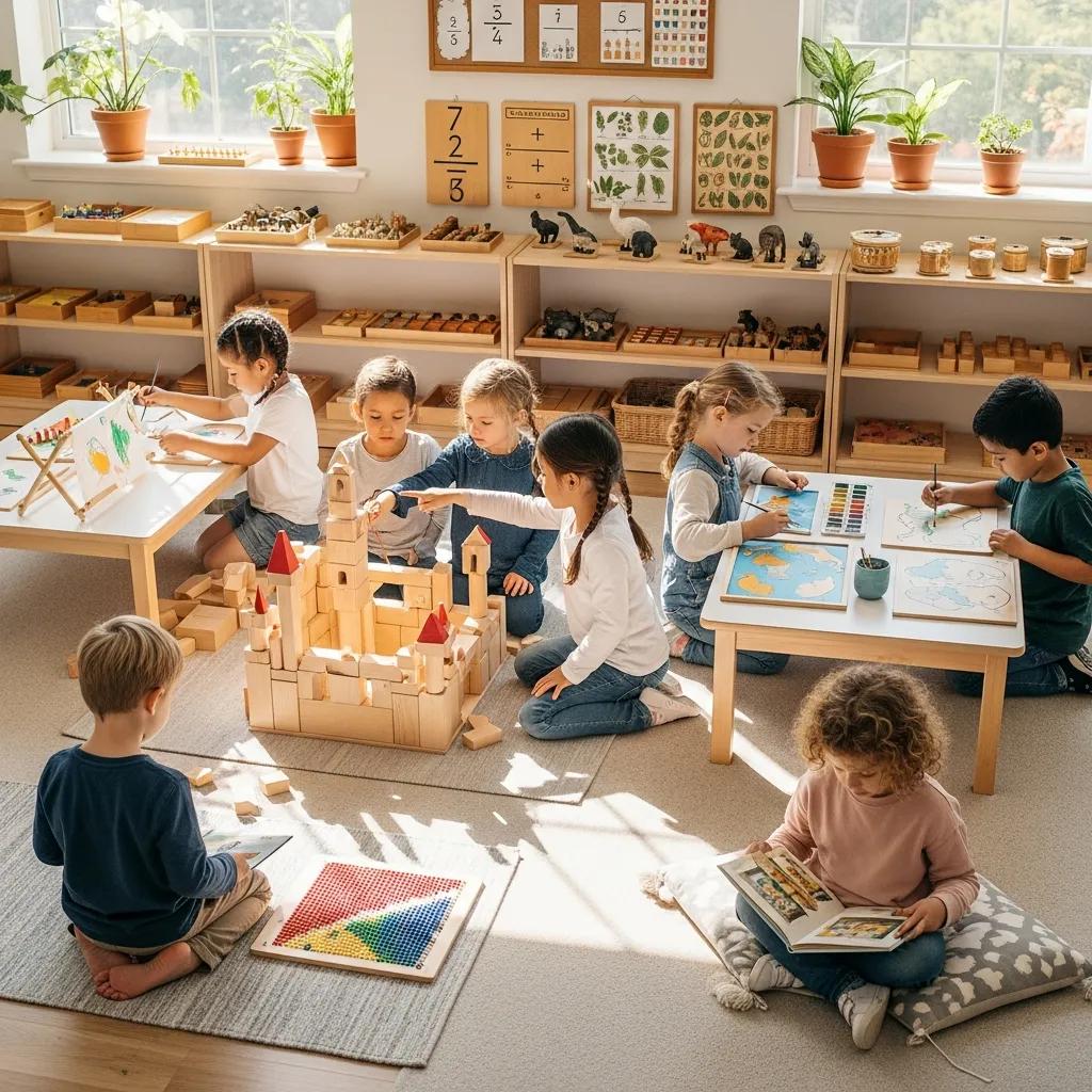 Montessori classroom with children engaged in hands-on learning activities