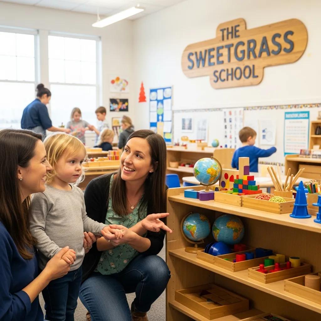 Parent and child touring The Sweetgrass School with staff in a welcoming environment