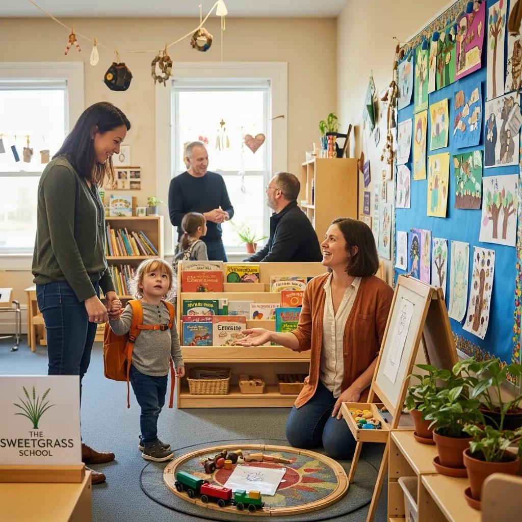 Parent and child visiting The Sweetgrass School during the enrollment process
