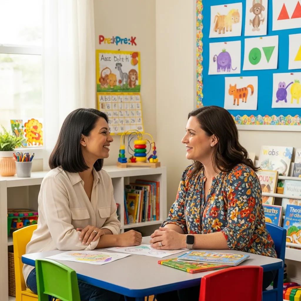 Parent and teacher discussing child development in a colorful pre-K classroom with educational materials and safety protocols visible.