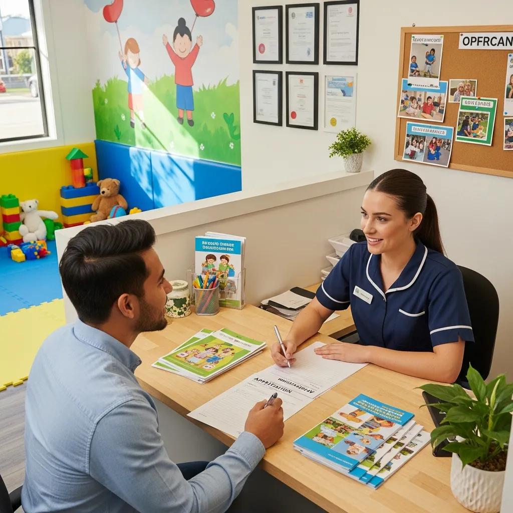 Parent interacting with daycare staff during the enrollment process at a daycare center