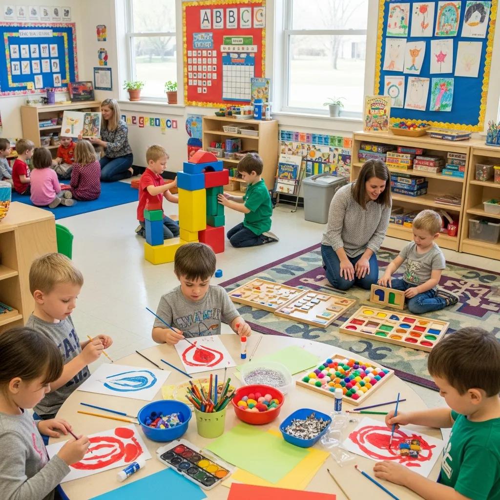 Preschool children engaged in educational activities in a vibrant classroom