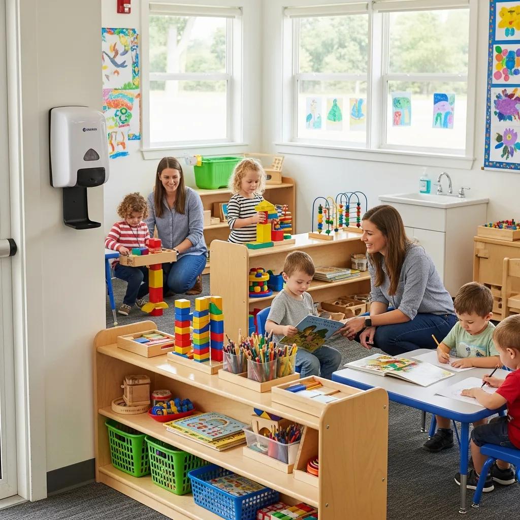 Children engaged in interactive learning activities with staff in a clean, safe early learning environment at The Sweetgrass School, emphasizing developmental growth and school readiness.