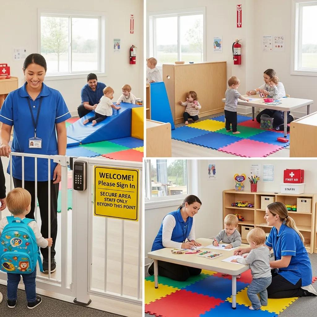 Safety measures in a toddler daycare with secure entry and clean play areas