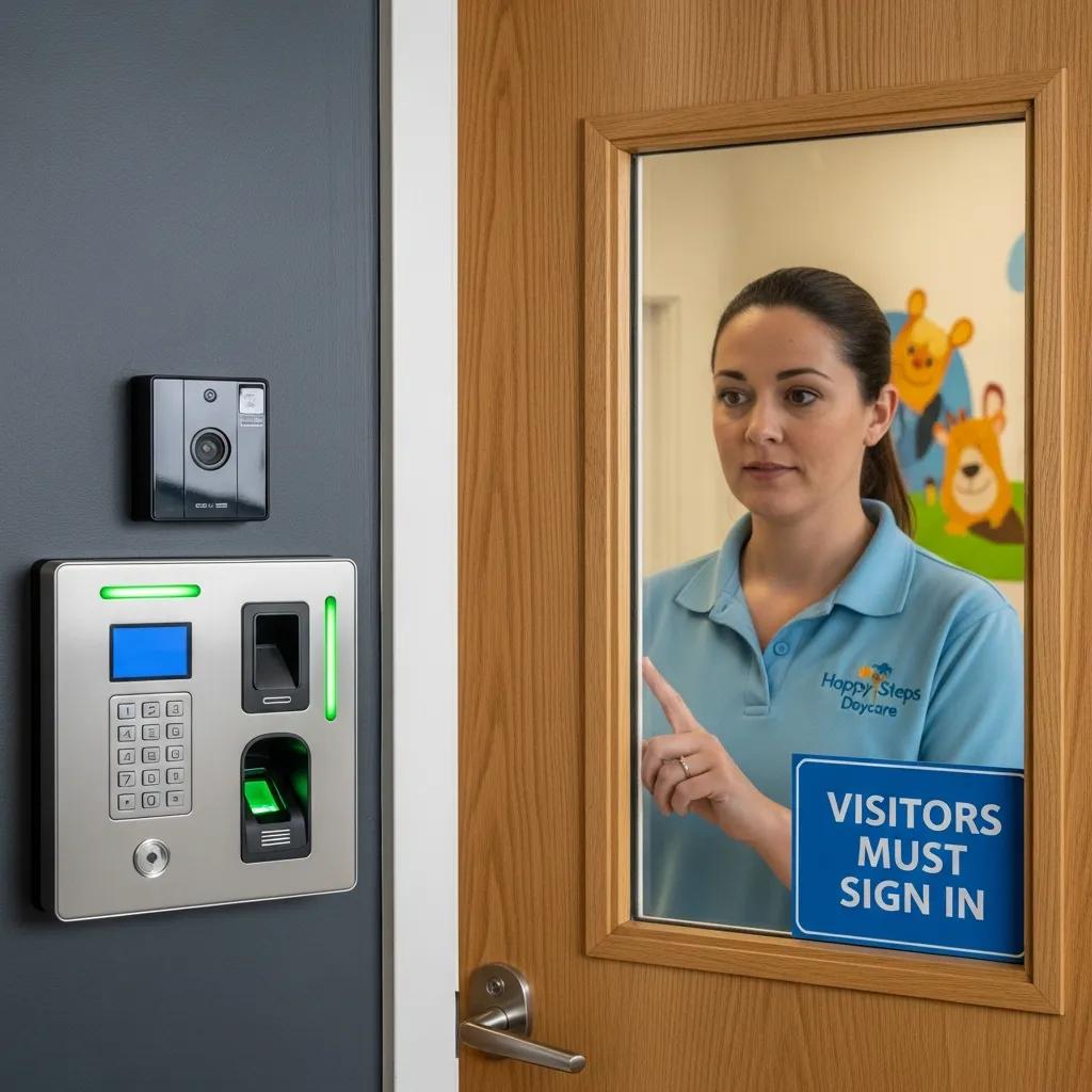 Secure daycare entrance with caregiver monitoring access, featuring check-in system and visitor sign-in requirements.