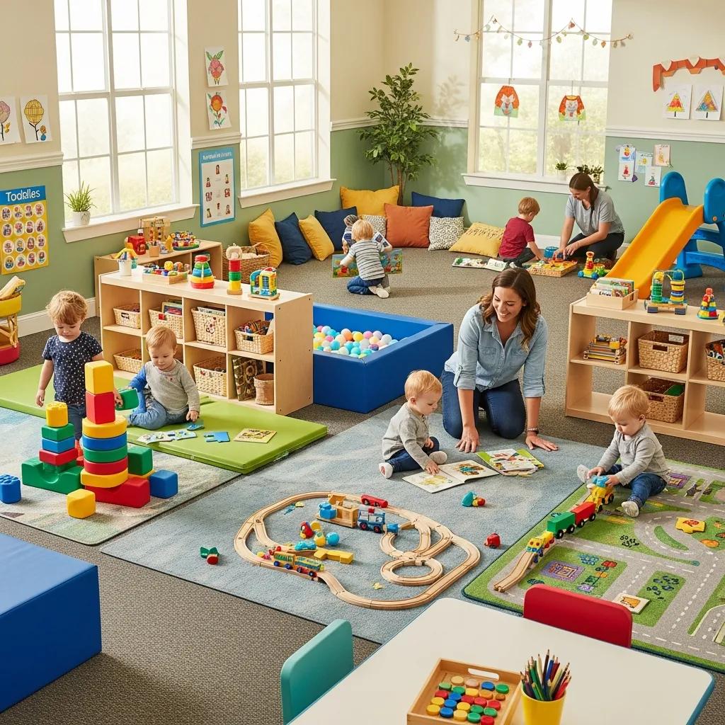 Children playing and learning in a vibrant toddler daycare classroom at The Sweetgrass School in Mount Pleasant, SC, featuring educational toys, colorful play areas, and engaged caregivers.