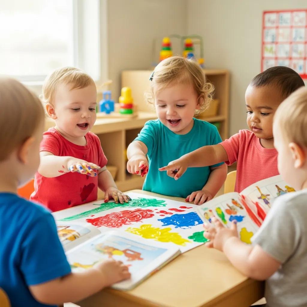 Toddlers engaged in a group learning activity at daycare, illustrating social interaction and cognitive development through painting and collaborative play.